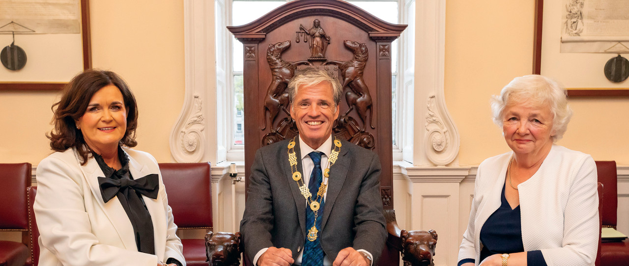 Eamon Harrington with the Junior and Senior Vice Presidents of the Law Society, Valere Peart and Rosemarie Loftus 