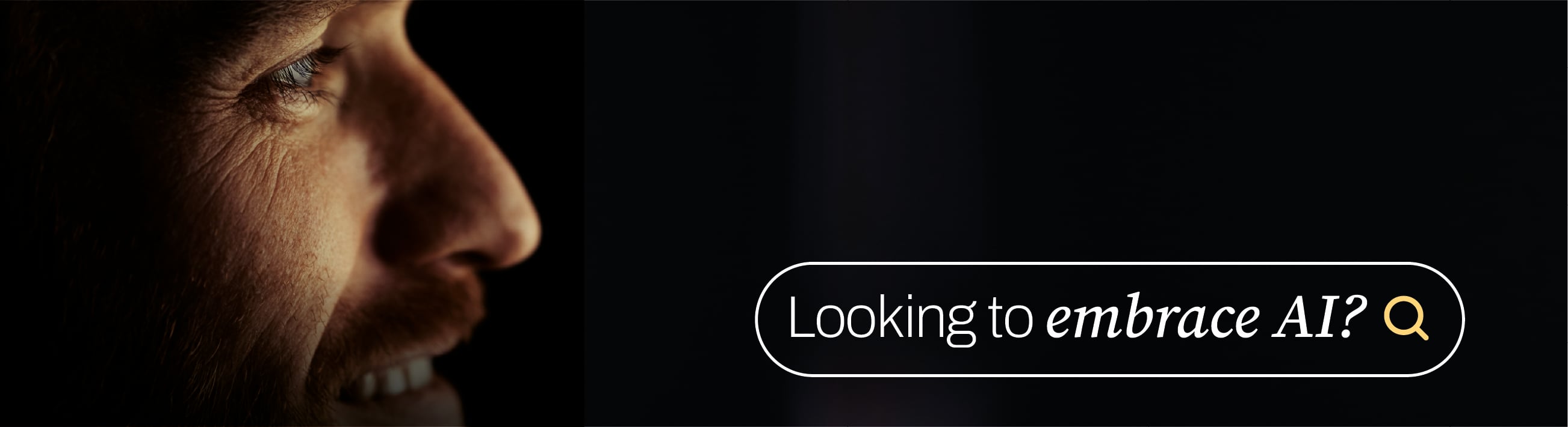 A person browsing resources and smiling, with a caption 'looking to embrace ai'
