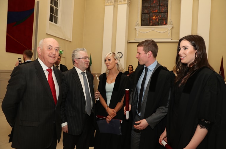 Mr Justice Peter Kelly and Attorney General Seamus Woulfe SC with newly-graduated solicitors Edel Murphy, Michael O'Neill and Maeve Griffin