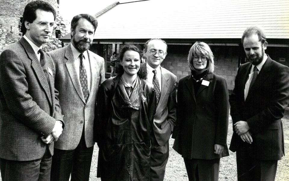 Kieran McGrath, BLS committee; Professor William Duncan, Trinity College law department; the late Dr Muireann Ní Bhrolcháin, lecturer in Celtic Studies, Maynooth University; Brian Sheridan, (now Judge) convenor; Mary Hawkes-Greene, president Burren College of Art and Judge Sir Anthony Harte at inaugural 1994 Burren Law School on theme of woman and family in Irish law – a Brehon perspective with keynote given by Minister Mervyn Taylor. 