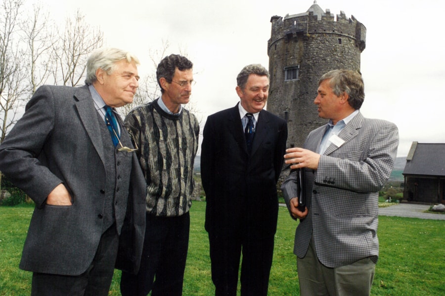 Barrister Patrick McEntee, former Tánaiste Dick Spring, Judge Ronan Keane and late Supreme Court Justice Adrian Hardiman at the 1998 school, which was on theme of law-making in Ireland, legislature and judiciary.