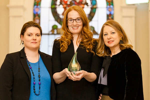 Claire O’Mahony and Dr Freda Grealy of the Diploma Centre with aviation finance course consultant Nikki Foley of Matheson, who is holding the GradIreland Postgrad Course of the Year award