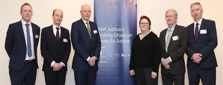 Chief Justice’s access to justice working group at the conference: John Lunney (Law Society nominee), Joseph O’Sullivan BL  (Bar of Ireland nominee), Chief Justice Donal O'Donnell, Eilis Barry (FLAC), Mr Justice John MacMenamin (retired Judge of Supreme Court), John McDaid (Legal Aid Board)