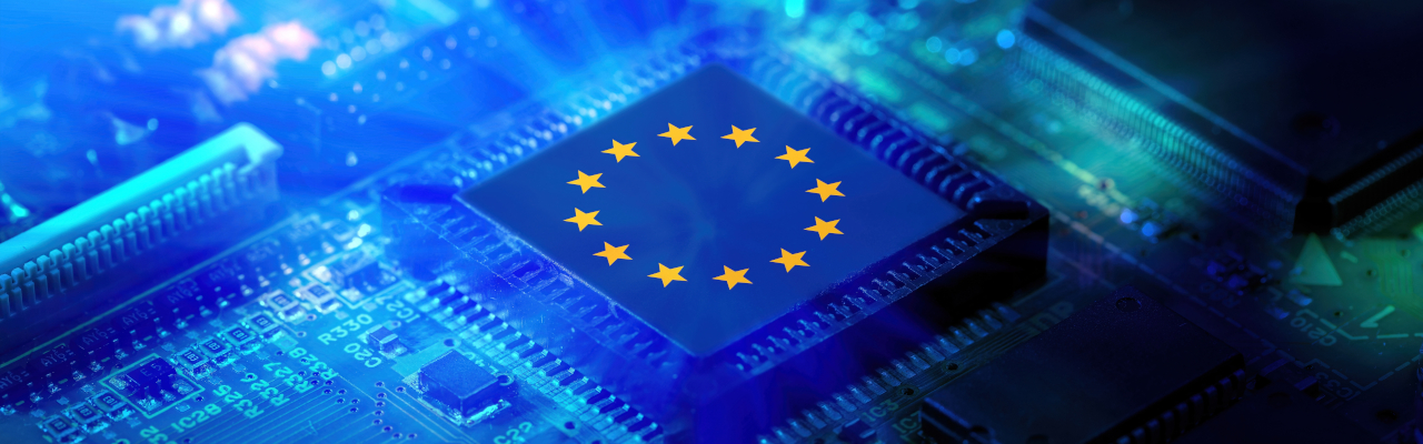 EU AI Act concept image: a computer motherboard with the EU flag