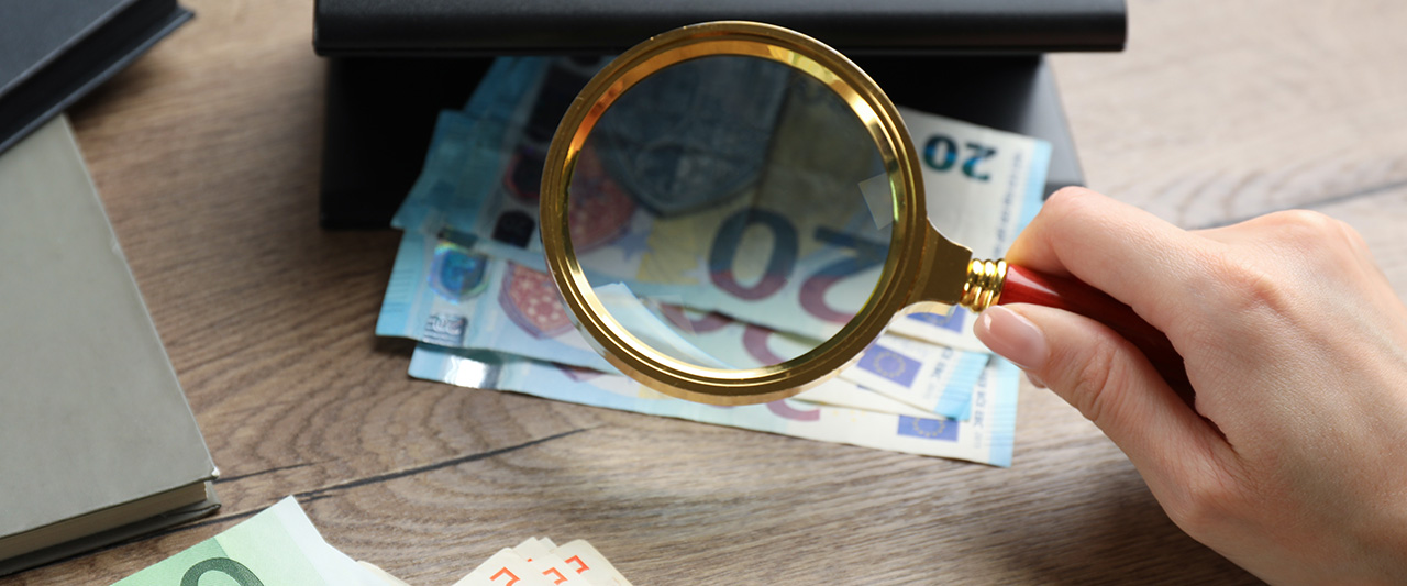 A decorative image showing money being scrutnised on a desk