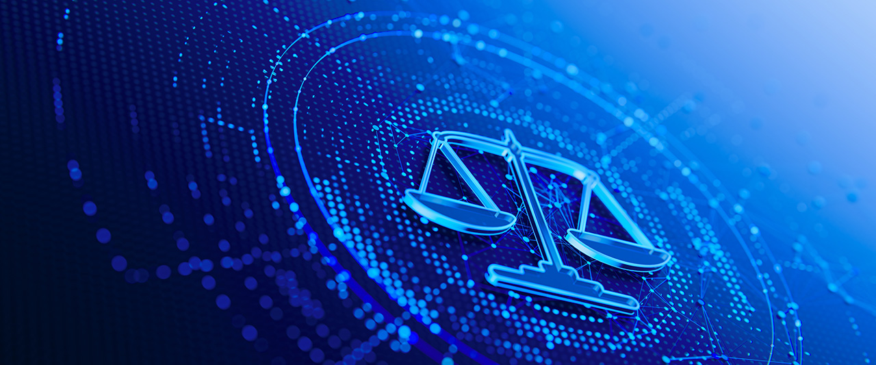The scales of justice rendered in a digital format