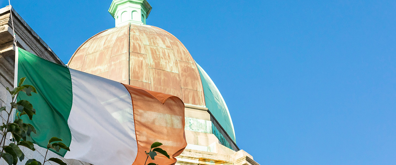 the Irish tricolour flag flaying at Blackhall Place, Dublin