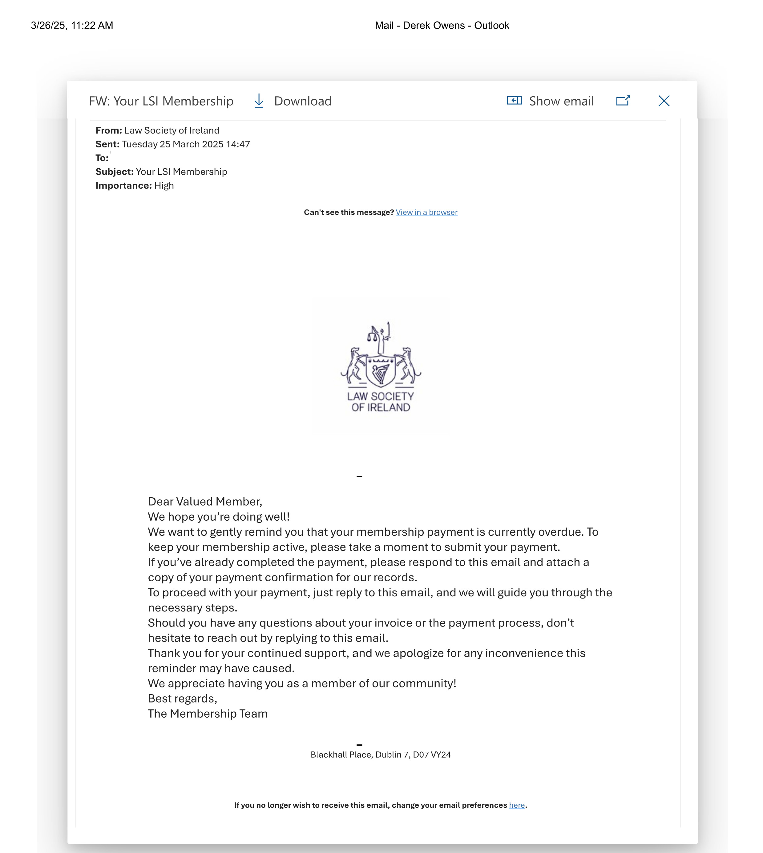 screenshot of a scam email impersonating the Law Society